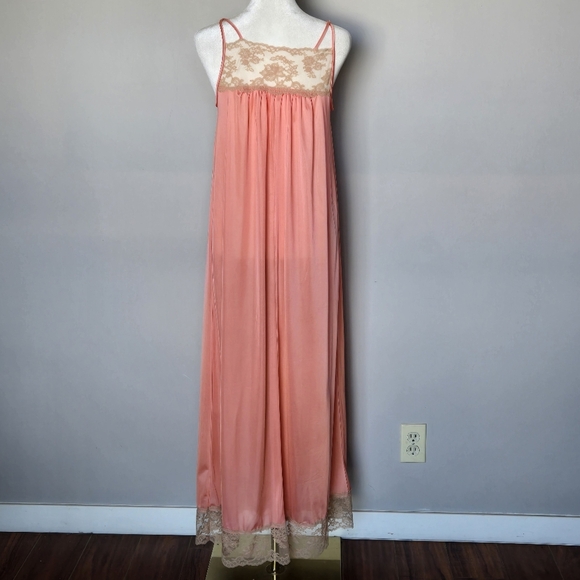 Vintage 60s 70s Henson Kickernick Coral Lace Trim Nightgown Lingerie Slip Dress - Picture 12 of 13